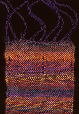 sue earle, hand woven scarf with hand spun tussah silk yarn and 8/2 reeled silk yarn