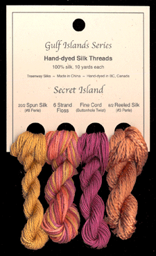 Secret Island (L to R): Amber #9514, Autumn Mum, Harlequin #43, Cosmic Copper #203