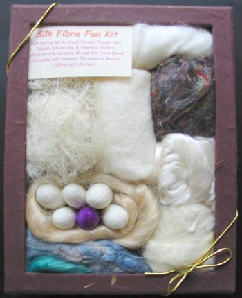 Silk Fibre Funk Kit: Tussah Silk, Bombyx Silk, Silk Cocoons, Silk Hankies, Silk Caps, Multicoloured Silk, Tussah Silk Noil, Degummed Throwsters Silk, Dyed Tussah Silk