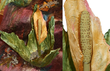 Skunk cabbage made with silk hankies and cocoons by Karen Selk