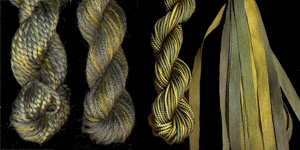 montano series fine cord silk thread, 8/2 silk thread, 6 strand silk floss and 3.5mm silk ribbon in canadian fir