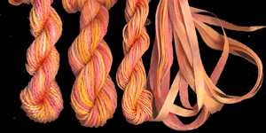 montano series fine cord silk thread, 8/2 silk thread, 6 strand silk floss and 3.5mm silk ribbon in daylily