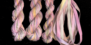 montano series fine cord silk thread, 8/2 silk thread, 6 strand silk floss and 3.5mm silk ribbon in mandalay