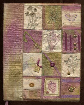 Patchwork silk fusion journal cover with stamping, beading, appliqué