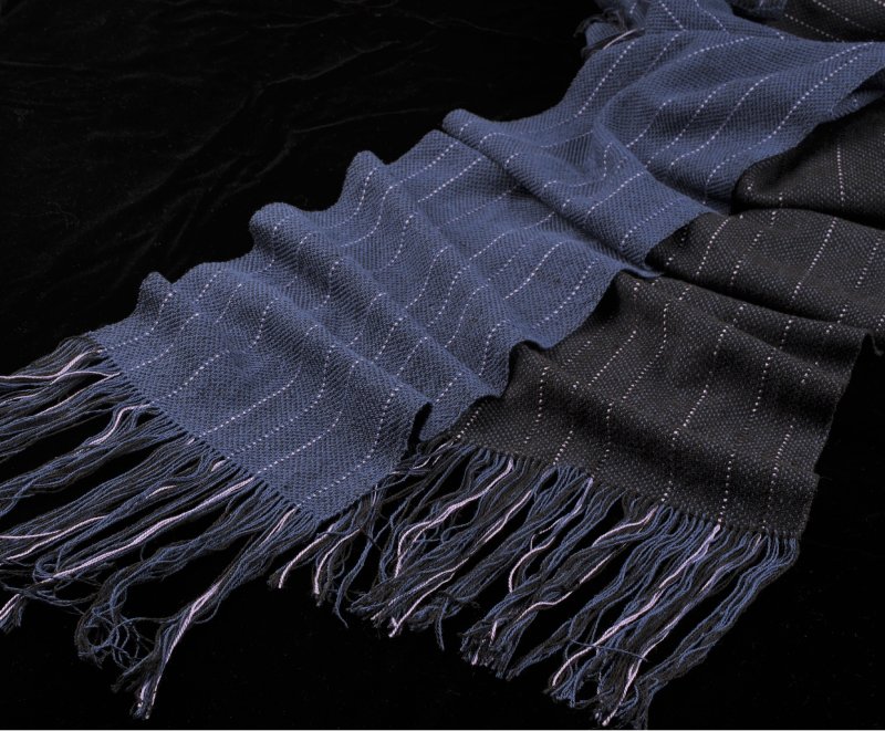 Two Sides of the Moon, woven with Alirio-Thinner (silk noil), colors #4 Rendezvous Blue and #57 Raven Black