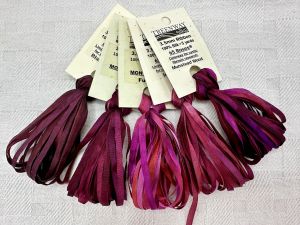 3.5mm Silk Ribbon; L-R:  65 Roses Limited Edition 'Black Magic,' Montano 'Berry,' Montano 'Fuchsia,' 65 Roses Limited Edition 'Intrigue,' and 65 Roses perpetual 'Munstead Wood.'
