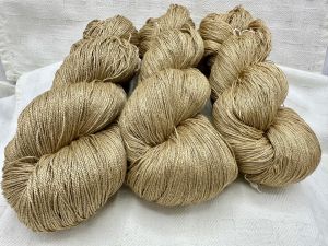 Muga Silk Yarns, L-R thickest to thinnest: Carmela (15/2), Caramel (20/2), Carmelina (30/2)