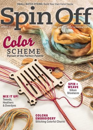 Spring 2023 Spin Off cover with Treenway Silks' hand-painted Bombyx silk!