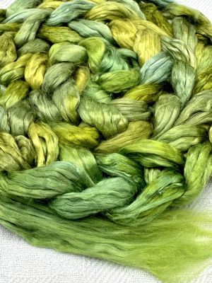 A1 Quality Bombyx Silk Sliver from China; limited edition colorway 'Autumn Greens.'