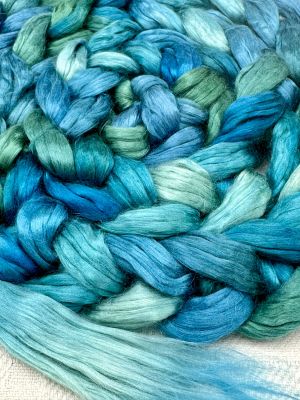 A1 Quality Bombyx Silk Sliver from China; limited edition colorway 'Coastal Waters.'