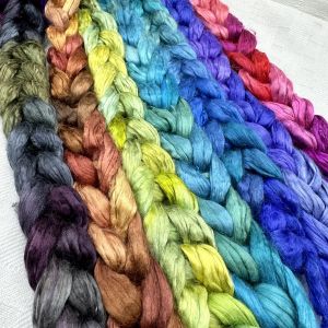 *new* limited edition A1 quality Bombyx Silk from China colorways.  L-R:  Moonlit Meadow, Red Canyon, Autumn Greens, Coastal Waters, Treasure Chest, Lilacs and Hugs & Kisses