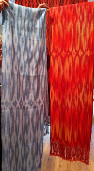 Sandra Hutton designed, handpainted warp & wove two 'fire and ice' scarves for a 2013 exhibit commemorating the devastating 2012 'Waldo Canyon' fire. Only 'Catastrophic' (red) was accepted. Sandy and I brought 'Water' to exhibit to photograph side by