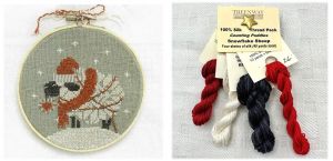 'Snowflake Sheep' ornament by Counting Puddles' Lindsey Whitney and silk Thread Pack, featured in Just CrossStitch 2023 Christmas Ornament issue.